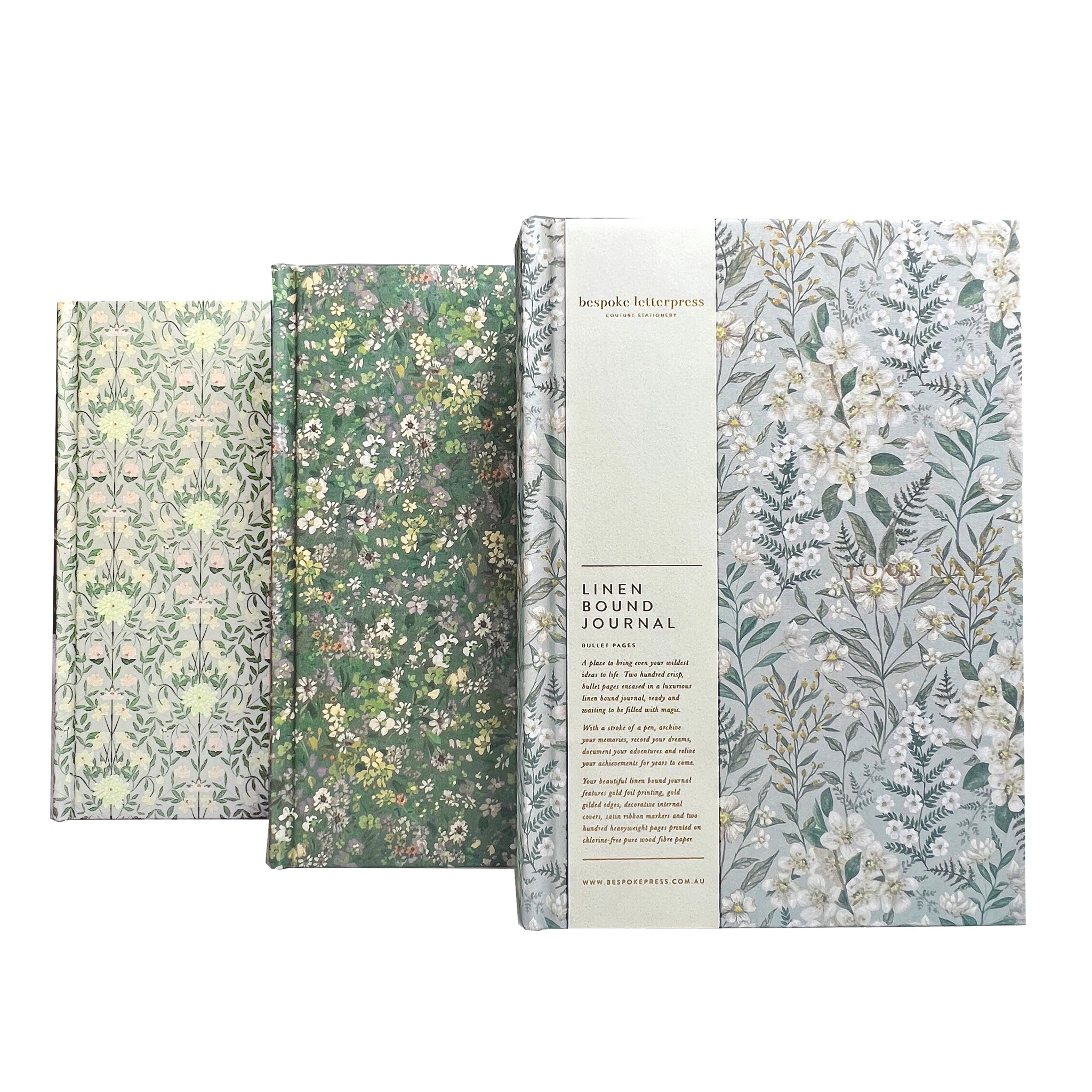 Luxurious linen-bound journals with 200 pages each, sold individually with quality extras by Bespoke Letterpress.
