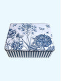 Rectangular tin with blue stripes and etching by Sanderson.