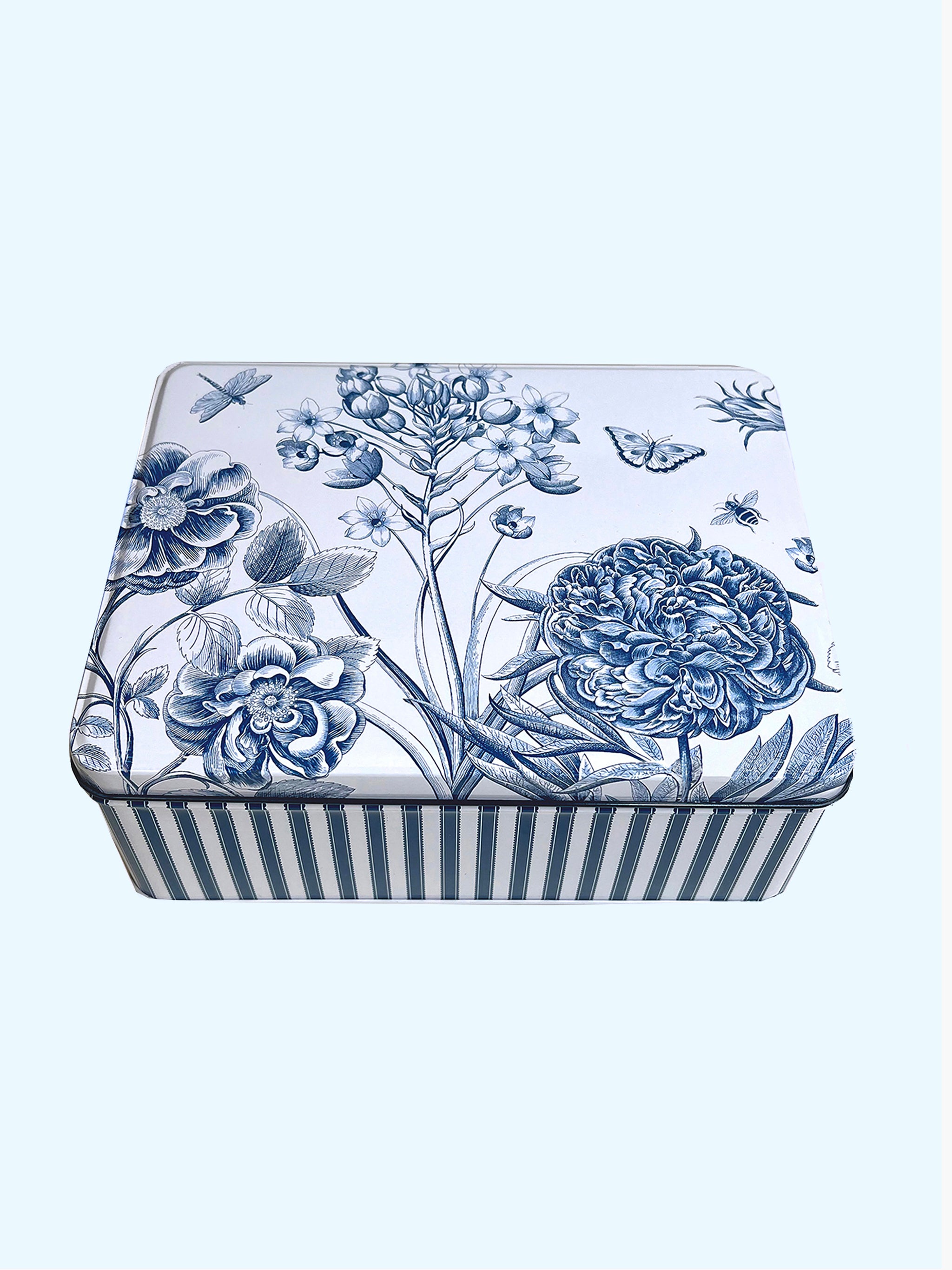 Rectangular tin with blue stripes and etching by Sanderson.