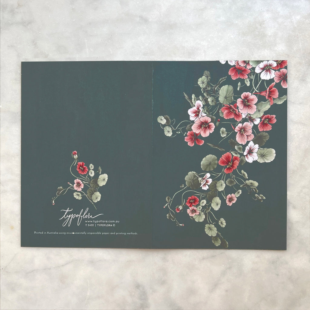 Tumbling nasturtium flowers on note card by Typoflora.