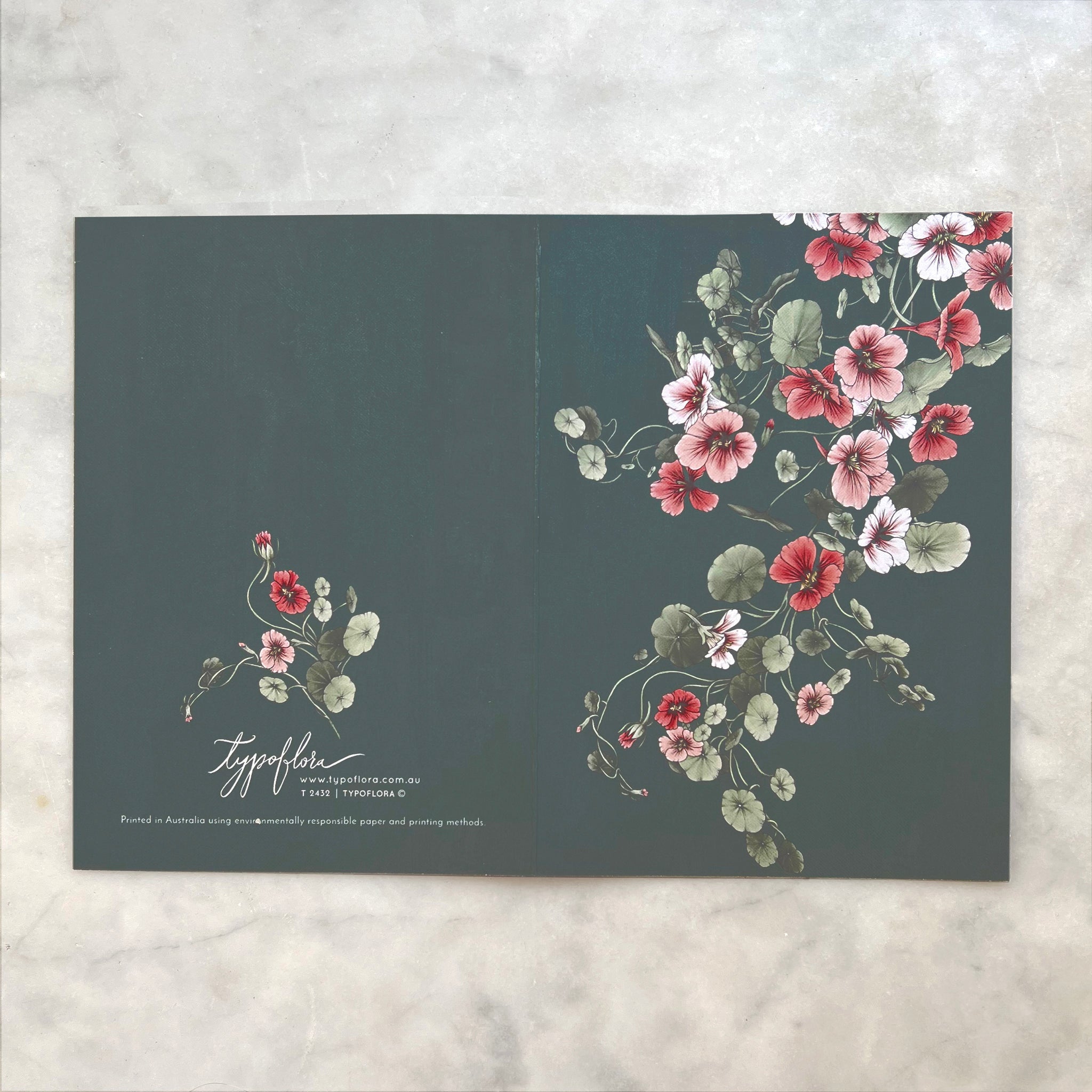 Tumbling nasturtium flowers on note card by Typoflora.
