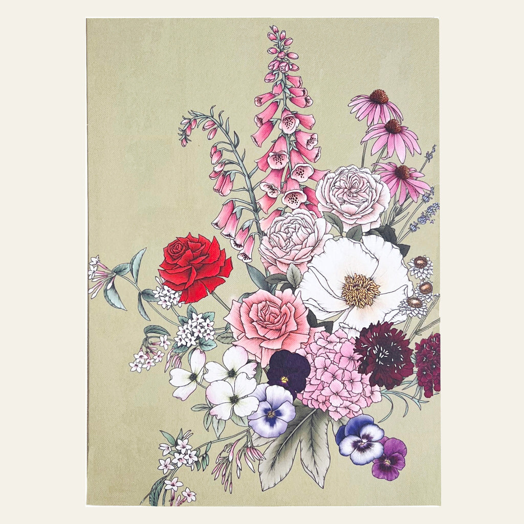 Floral bouquet in a sage-coloured note card by Typoflora.