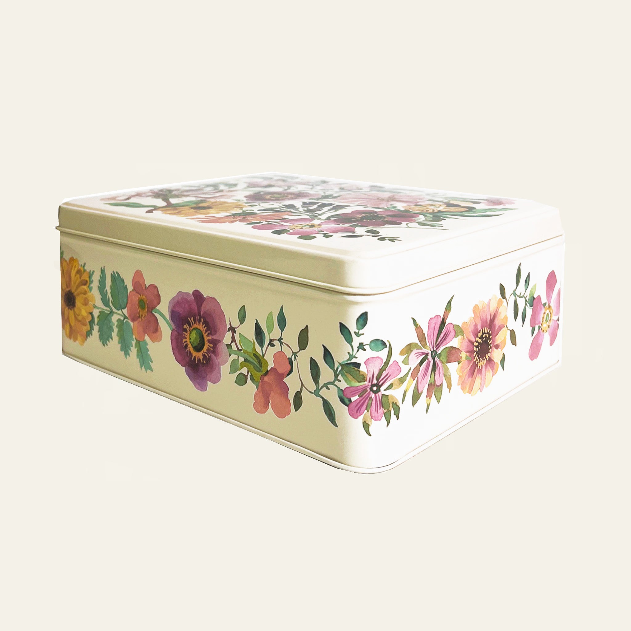 Emma Bridgewater flower tin with a creative and colourful design.