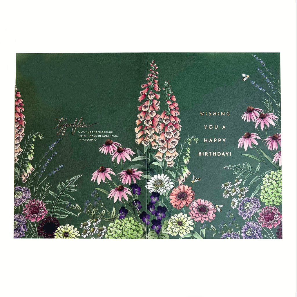 Floral note card with design across front and back by Typoflora.
