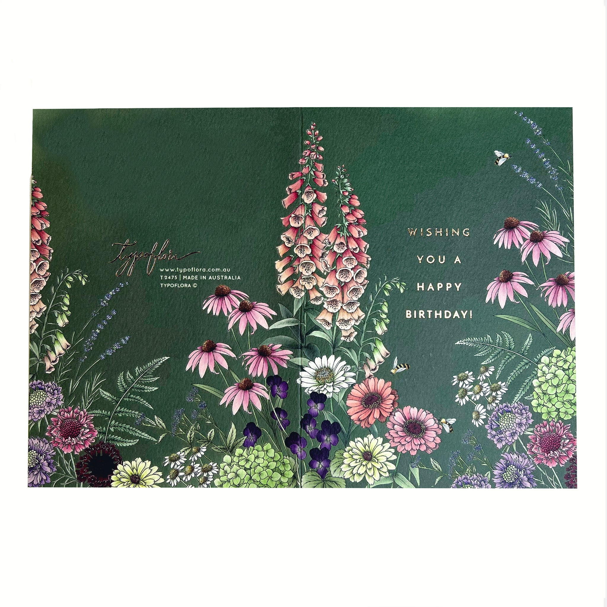 Floral note card with design across front and back by Typoflora.