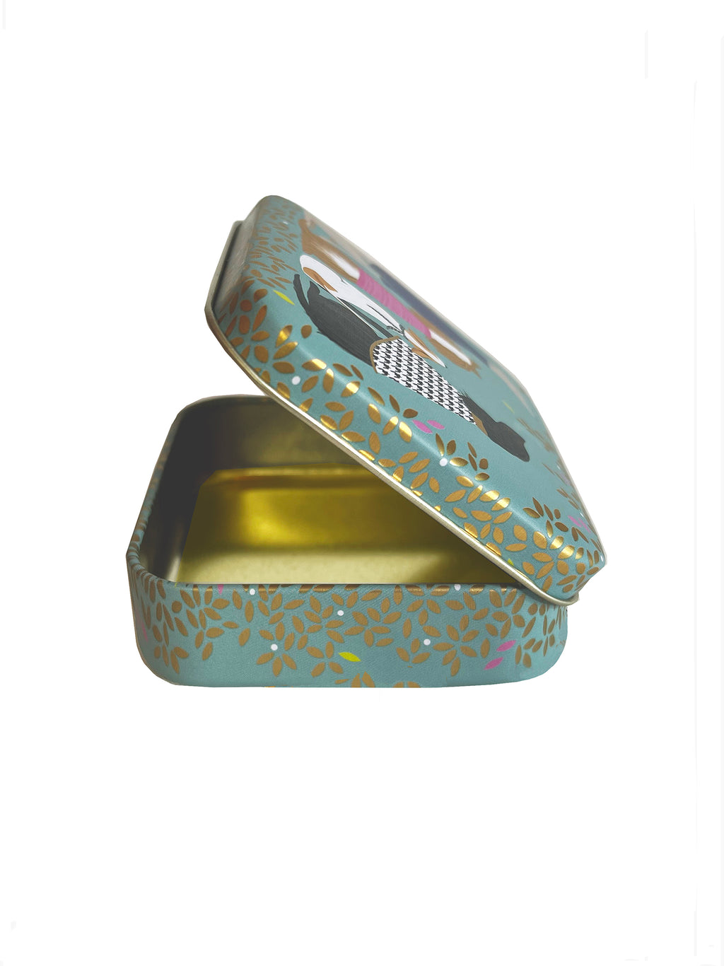 Dapper dogs design on hinged lid of small pocket tin by Sara Miller, London.