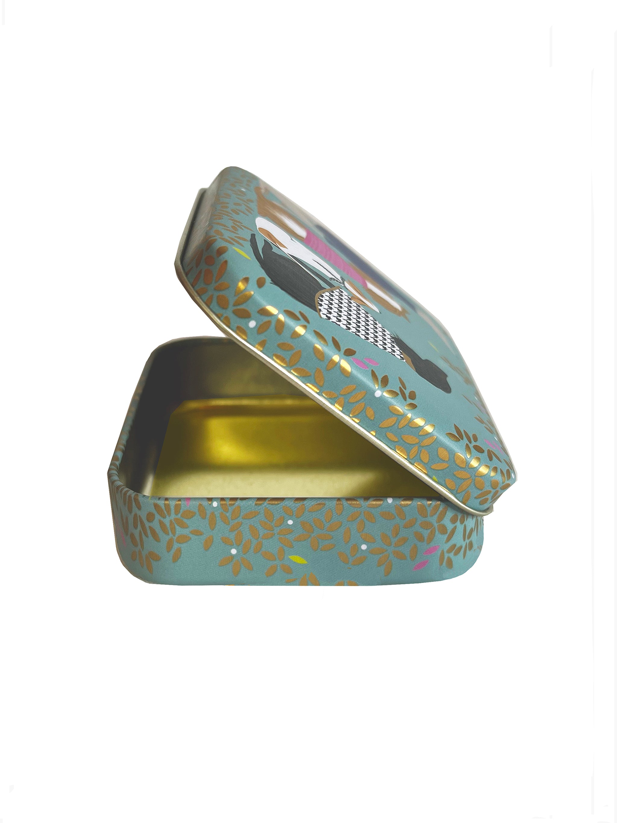 Dapper dogs design on hinged lid of small pocket tin by Sara Miller, London.