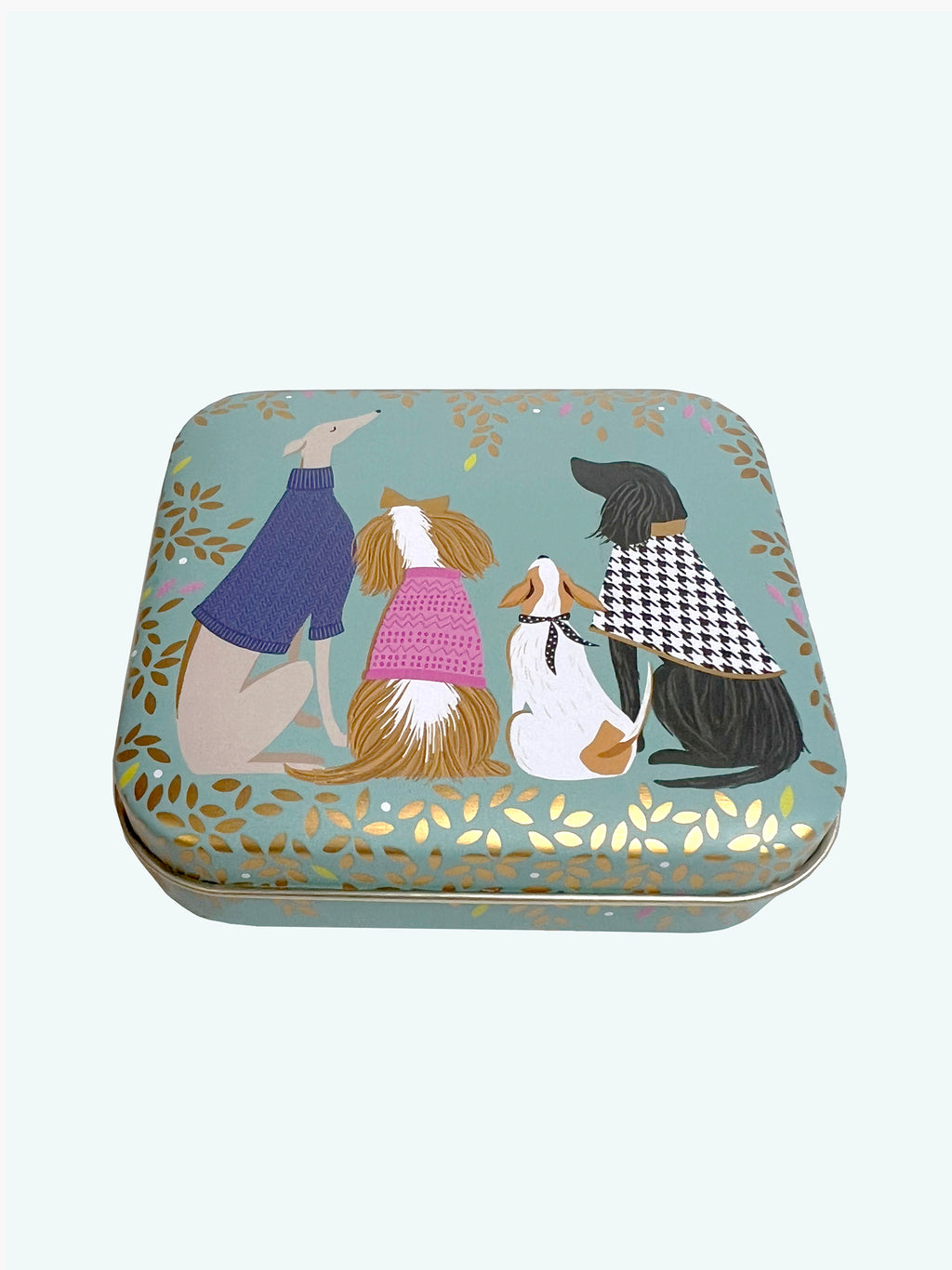 Dapper dogs design on hinged lid of small pocket tin by Sara Miller, London.