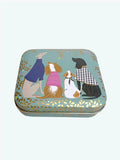 Dapper dogs design on hinged lid of small pocket tin by Sara Miller, London.