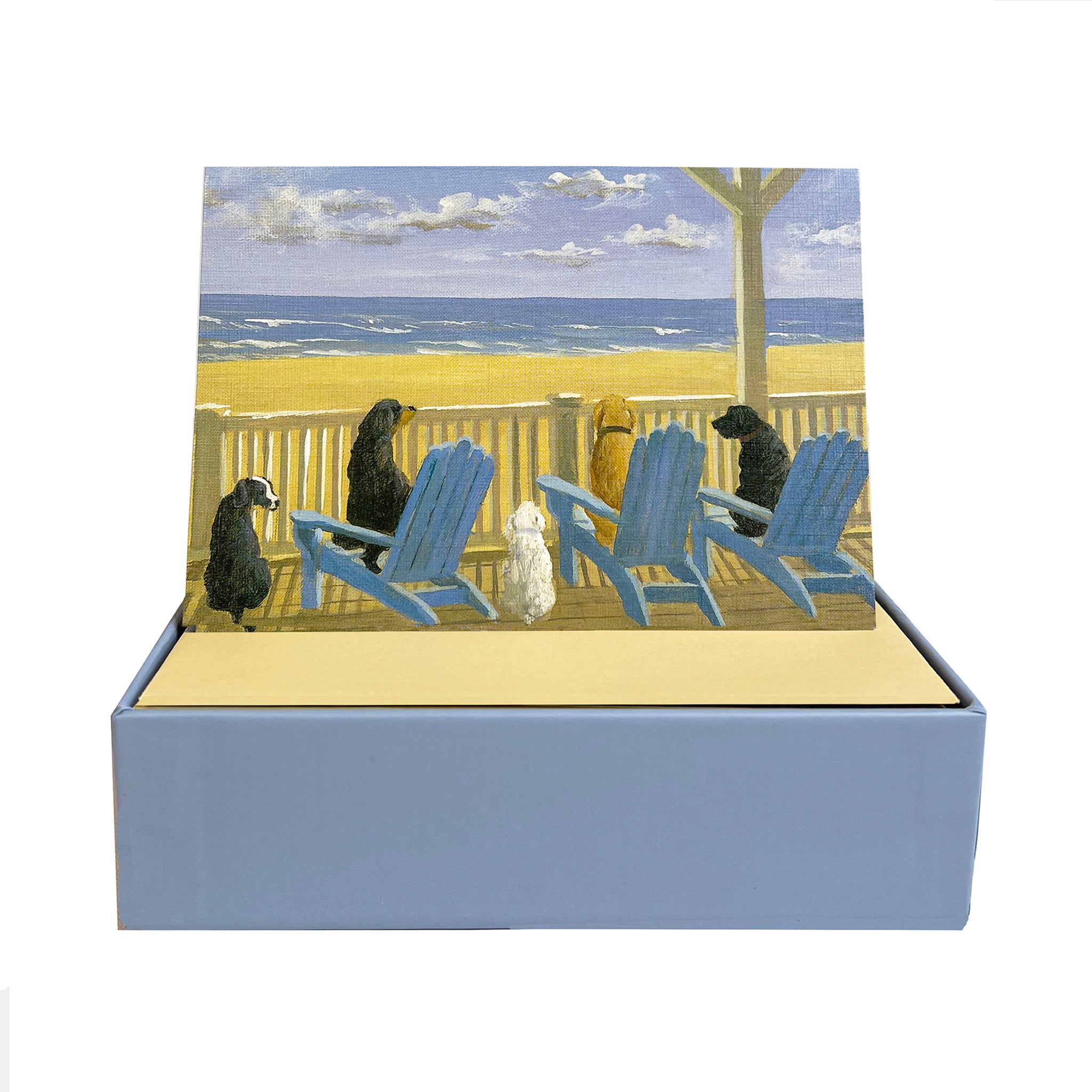 Dogs on deck chairs in note card box by Peter Pauper Press, New York.