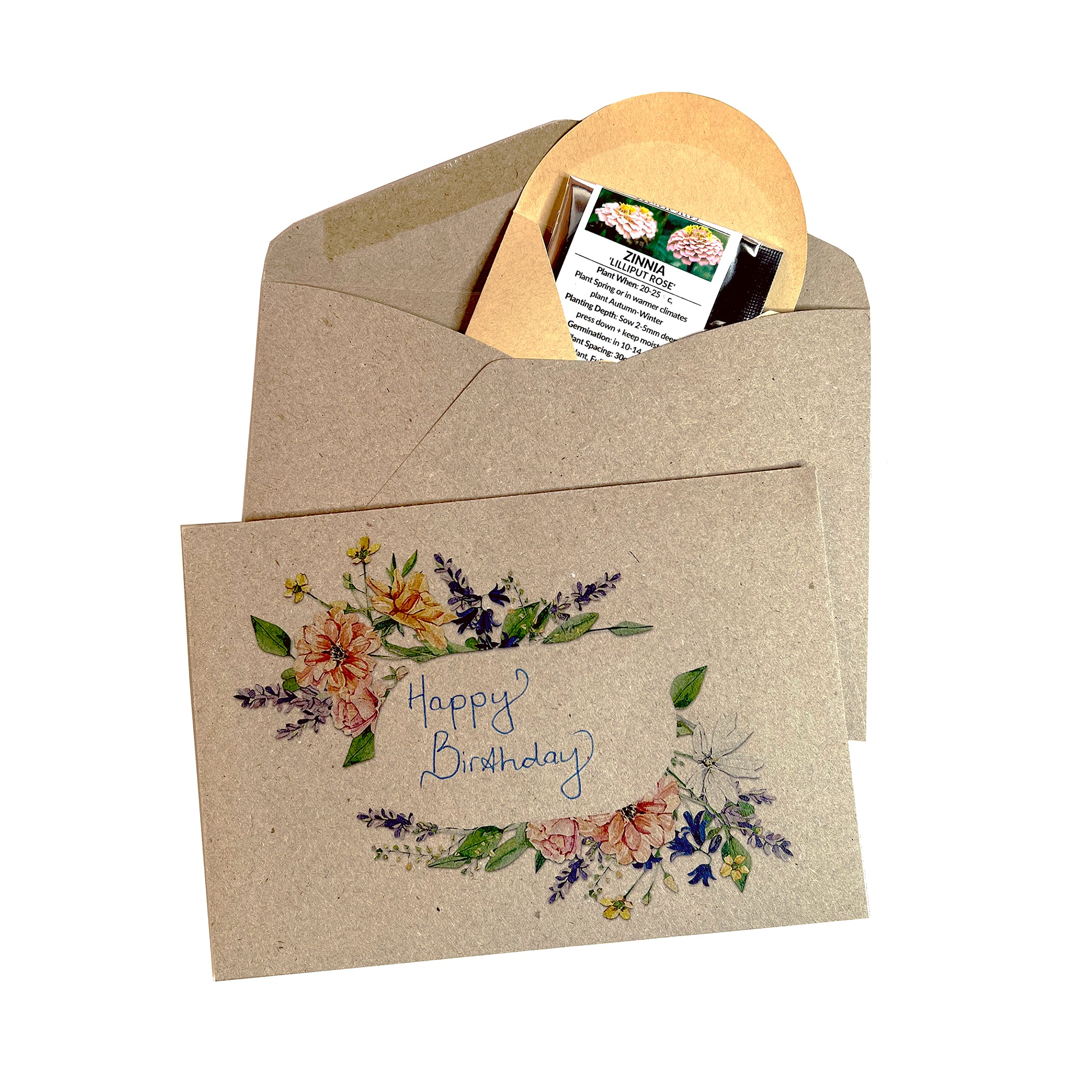 Happy birthday kraft envelope with flower seeds by Stationery Textshop.