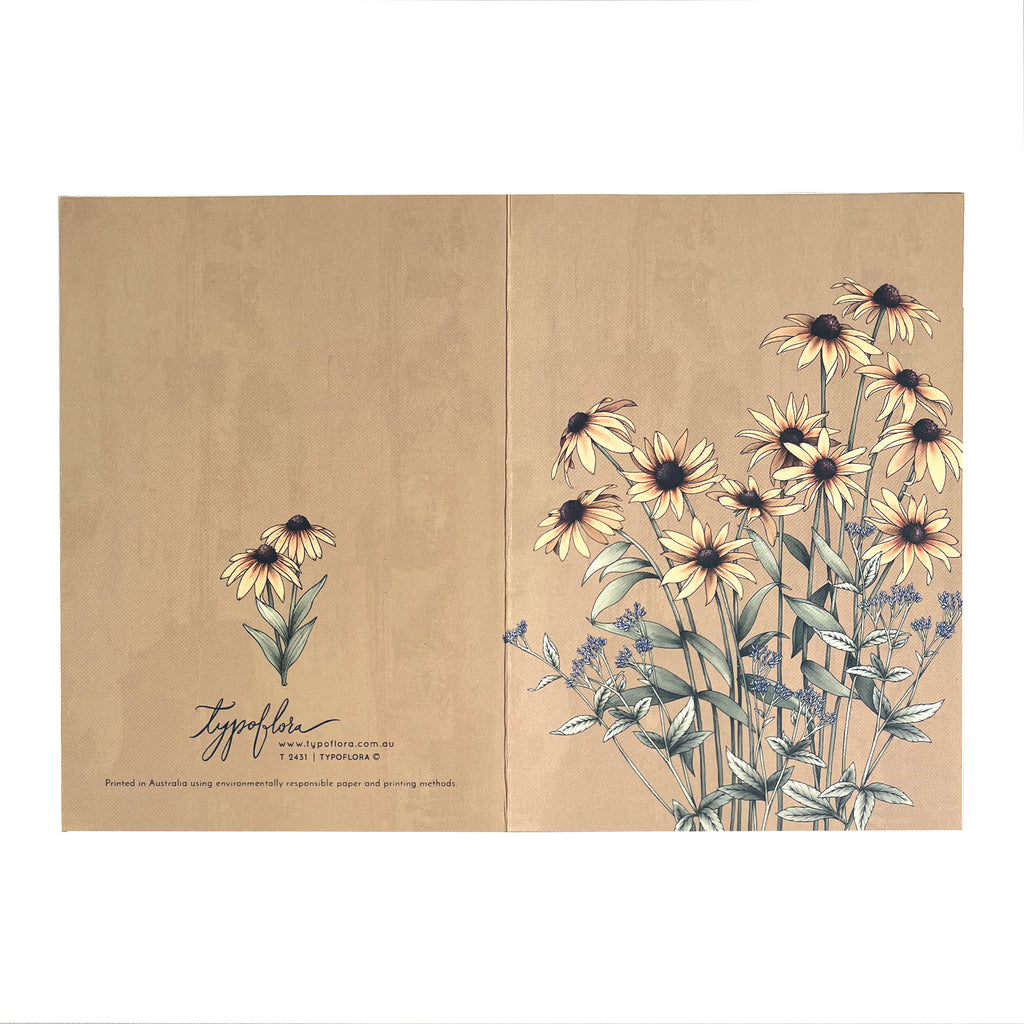 Hand-drawn black-eyed Susan on a note card by Typoflora.