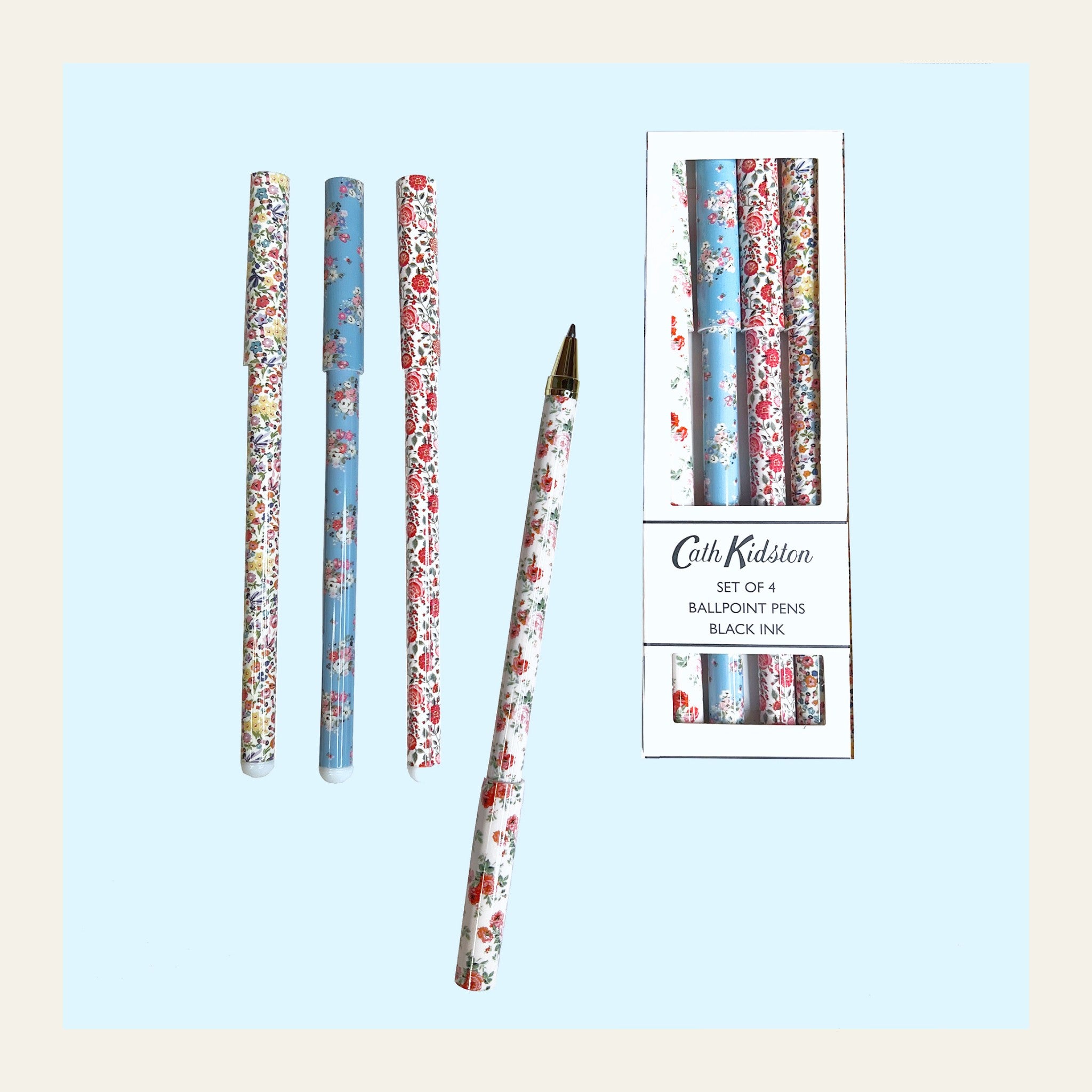 Fancy gift-boxed set of four ballpoint pens by Cath Kidston.