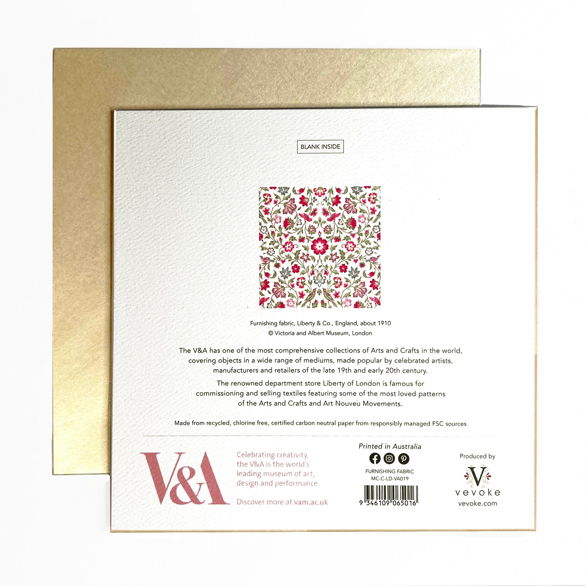 A beautiful card displaying fabric from the treasured Liberty & Co collection (1910) and the Victoria and Albert Museum.