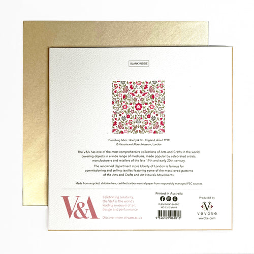 A beautiful card displaying fabric from the treasured Liberty & Co collection (1910) and the Victoria and Albert Museum.