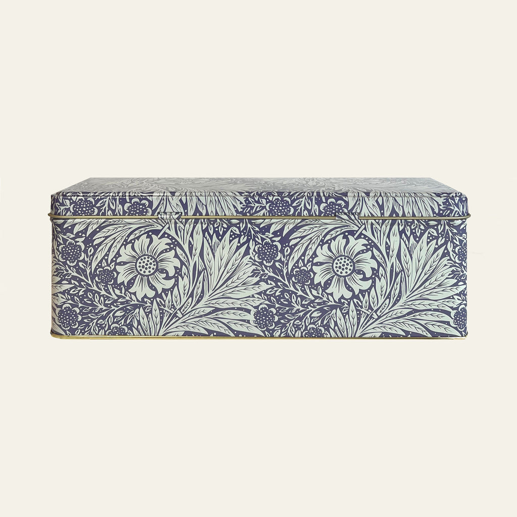 William Morris large storage tin with the Marigold design and a hinged lid.