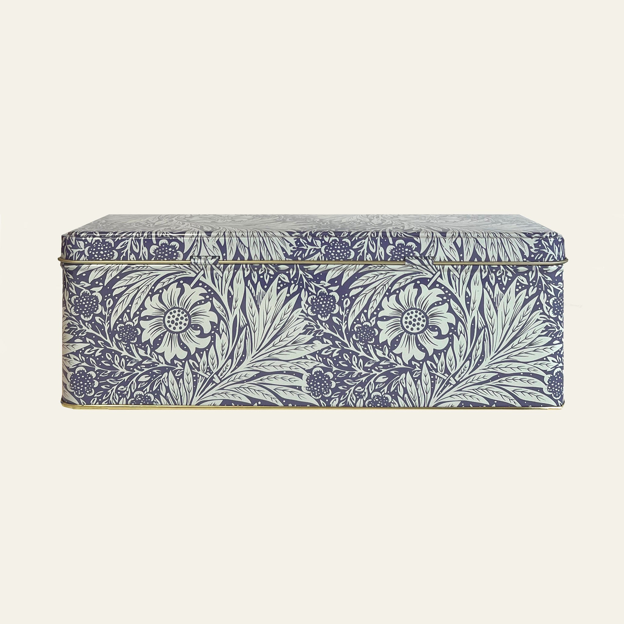 William Morris large storage tin with the Marigold design and a hinged lid.