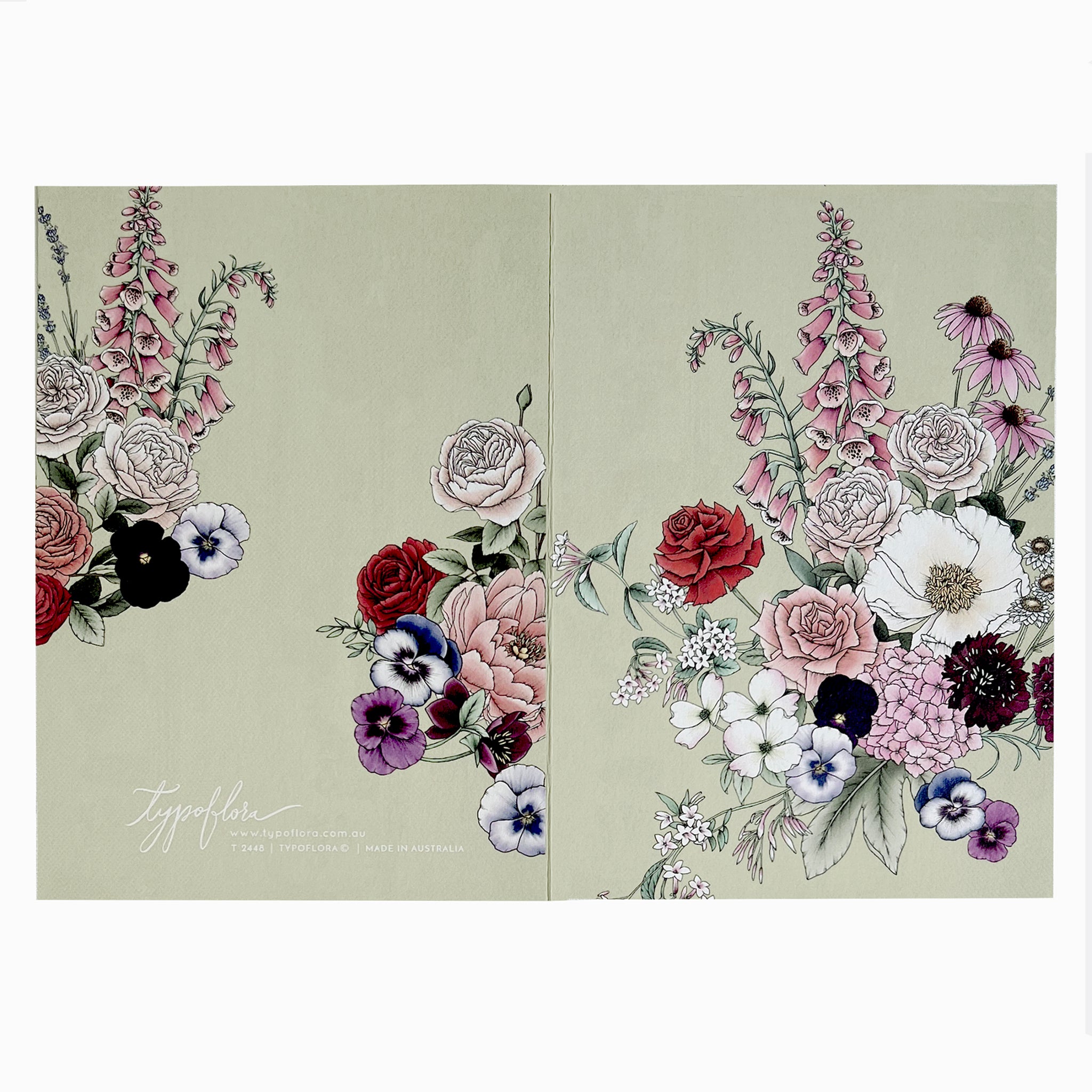 Floral bouquet in a sage-coloured note card by Typoflora.