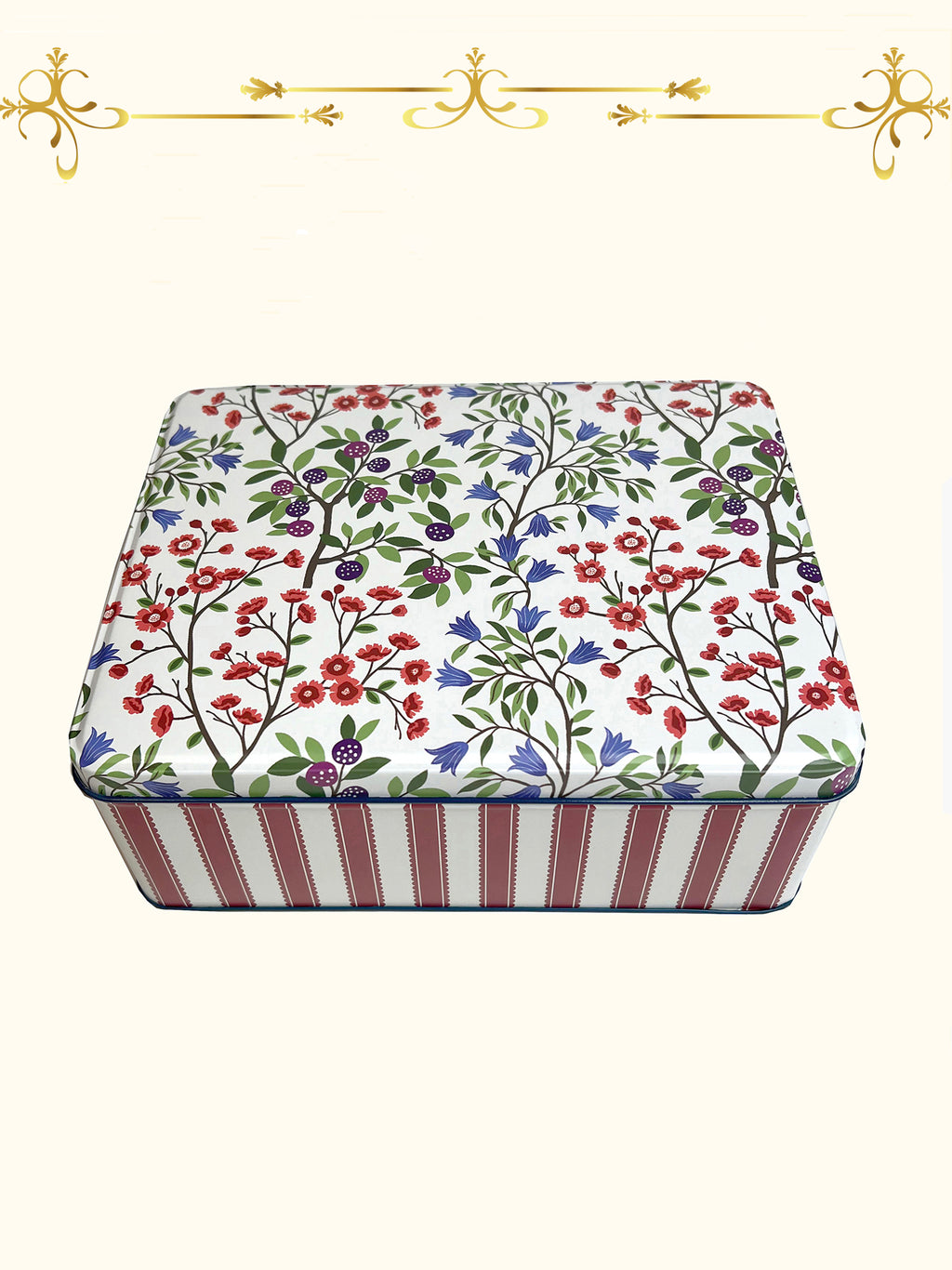 Red stripes and florals in rectangular tin by Sanderson.