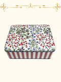 Red stripes and florals in rectangular tin by Sanderson.