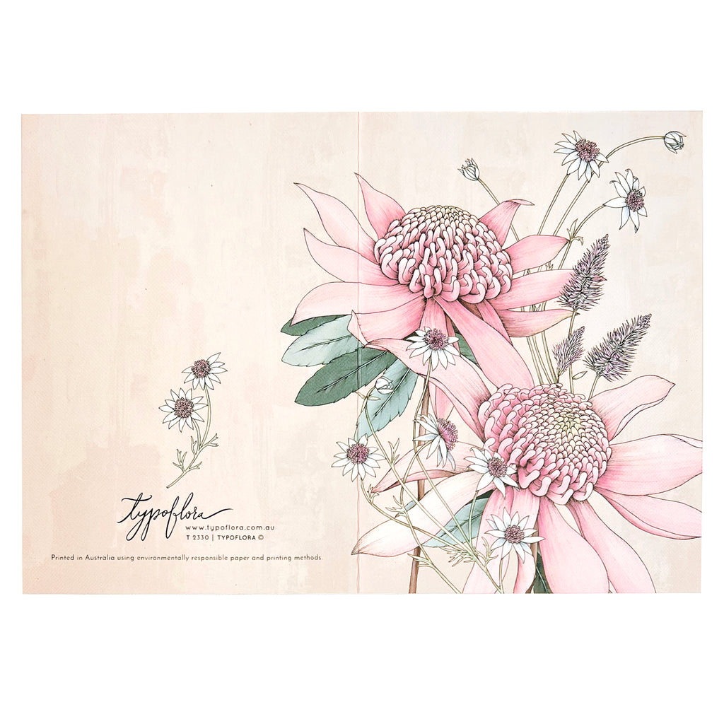 Australian pink waratah on a note card by Typoflora.