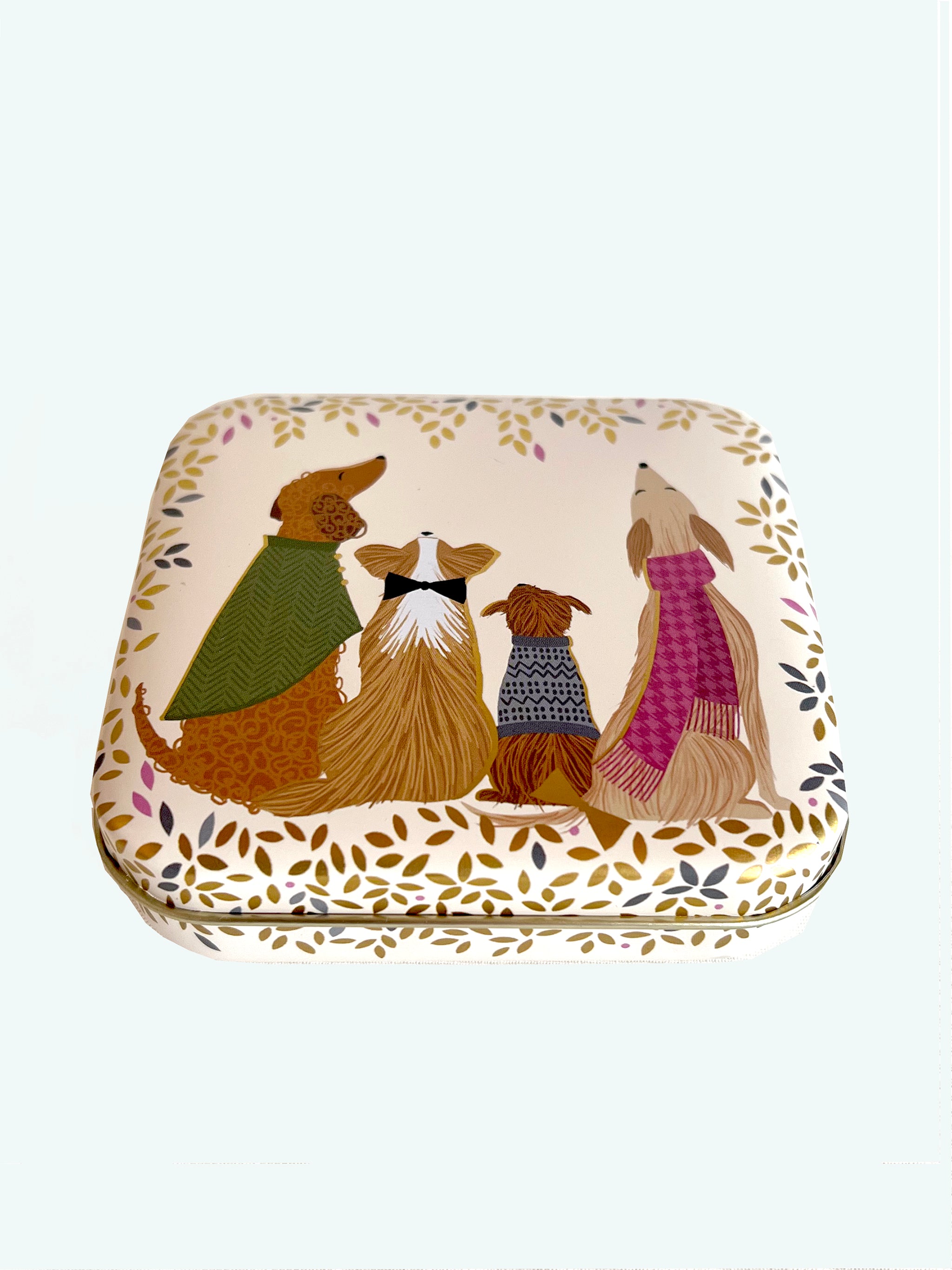Dapper dogs design on hinged lid of small pocket tin by Sara Miller, London.