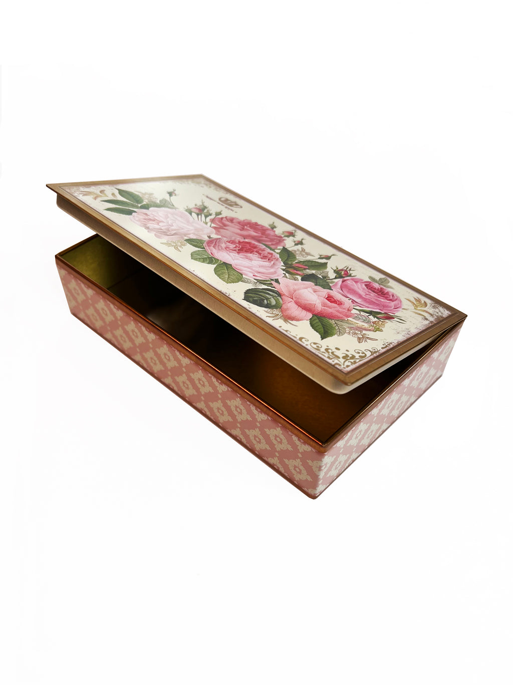 Pink roses in a heritage-style tin that opens with hinges, by Nostalgia.