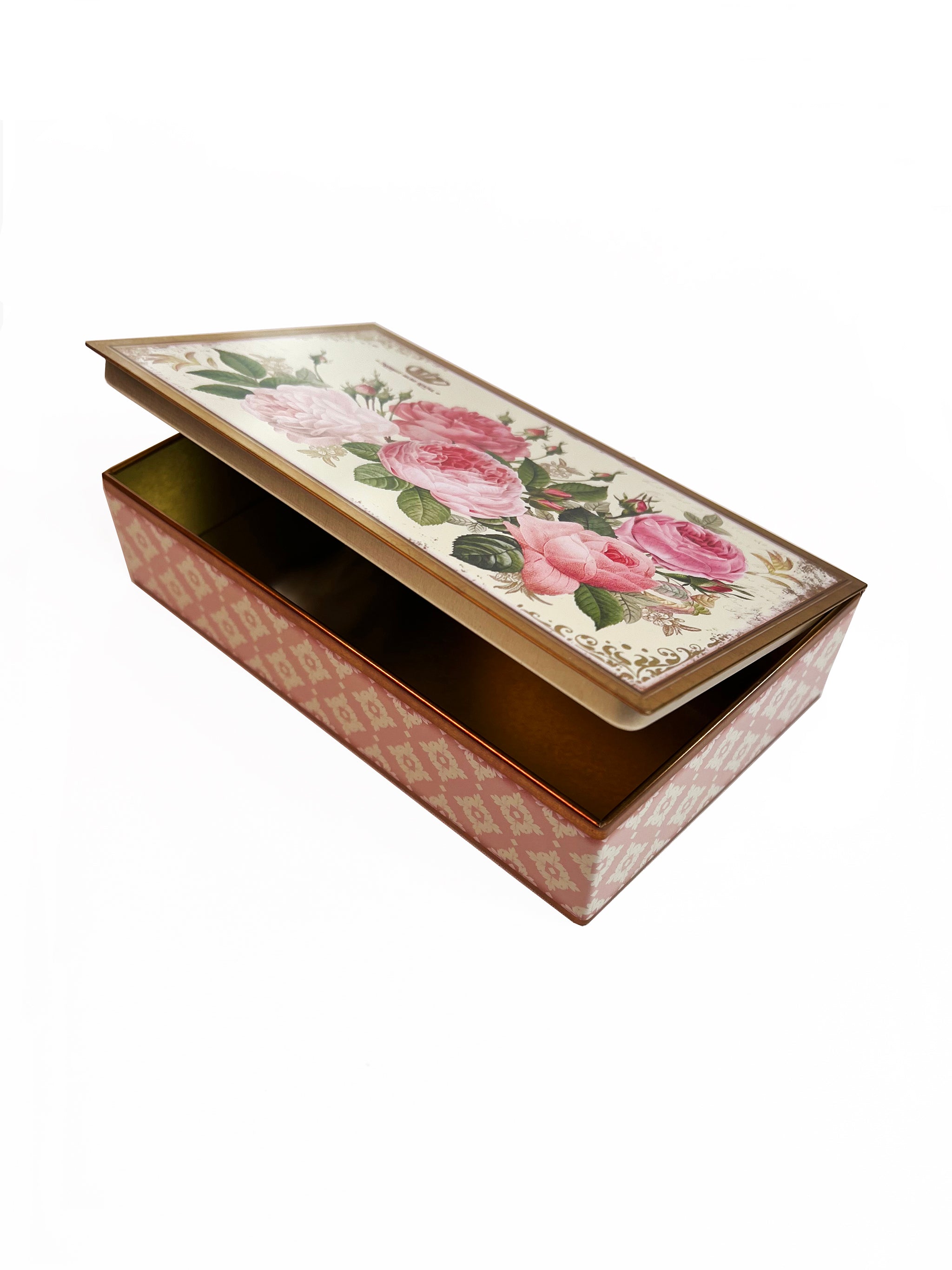 Pink roses in a heritage-style tin that opens with hinges, by Nostalgia.