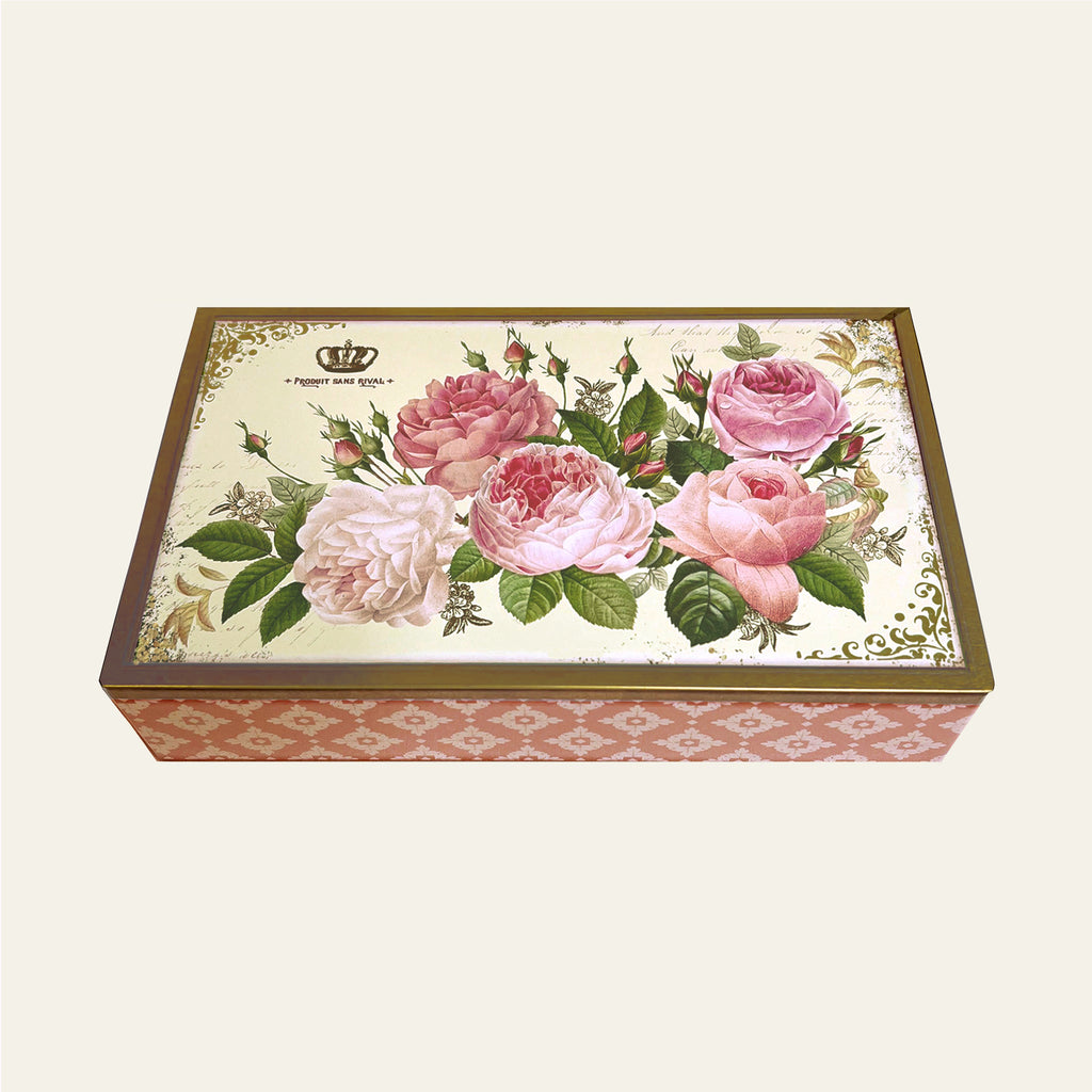 Vintage tin with heritage roses reproduced by Nostalgia.