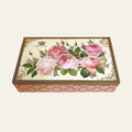 Vintage tin with heritage roses reproduced by Nostalgia.