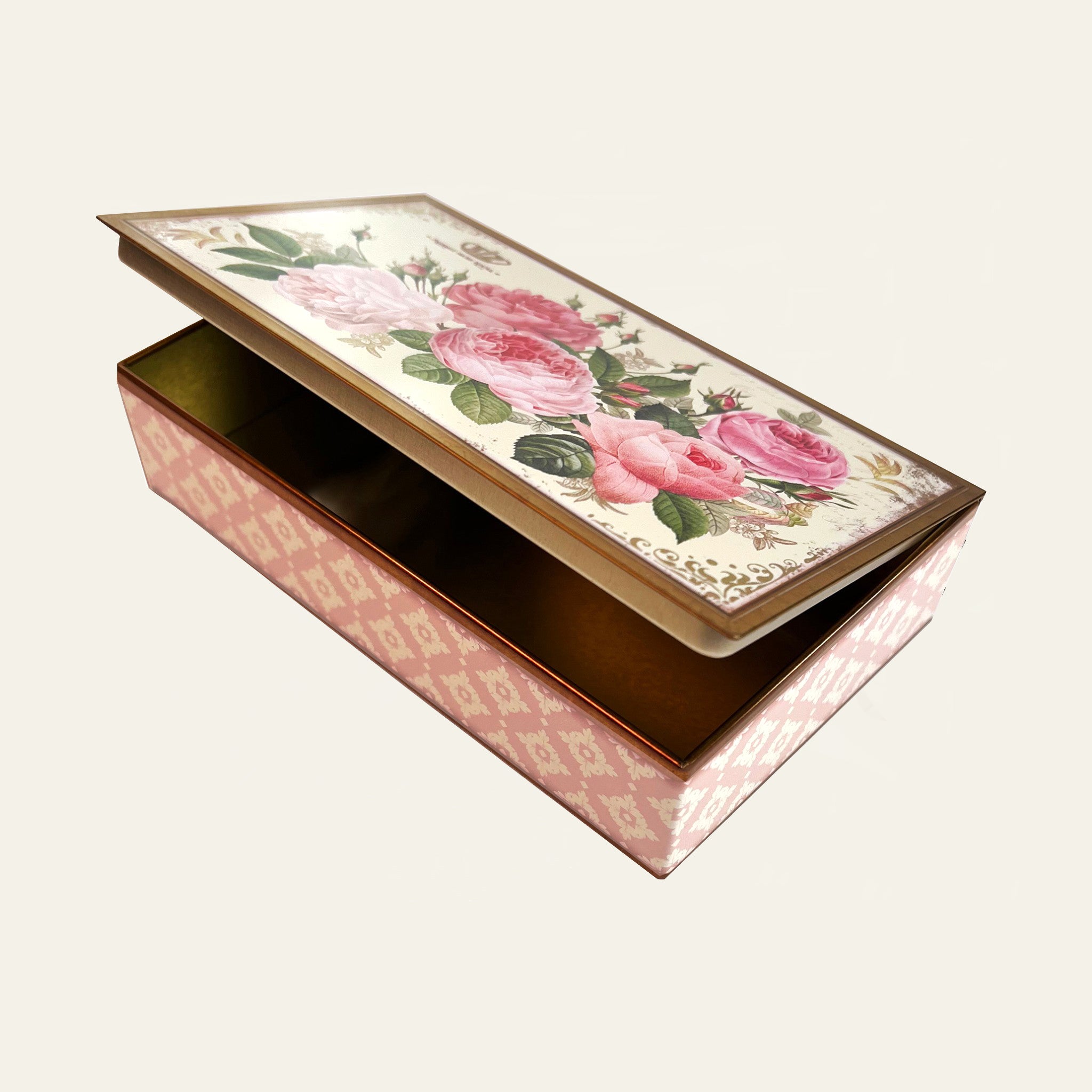 Vintage tin with heritage roses reproduced by Nostalgia.