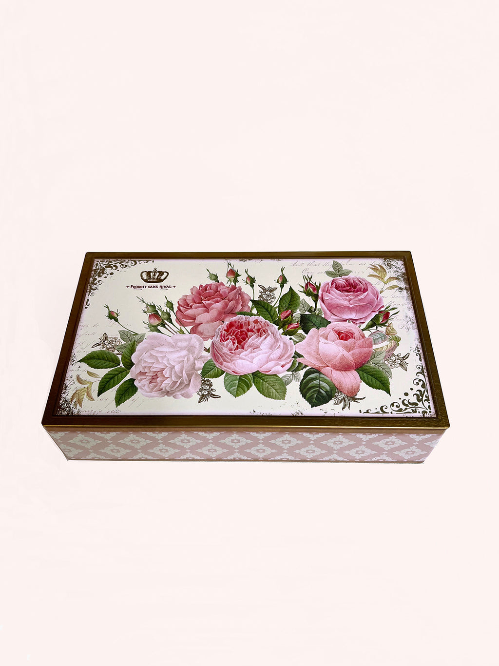 Pink roses in a heritage-style tin that opens with hinges, by Nostalgia.