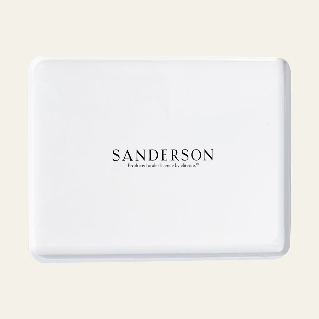 Sanderson decor tin with blue stripes and flower etchings.