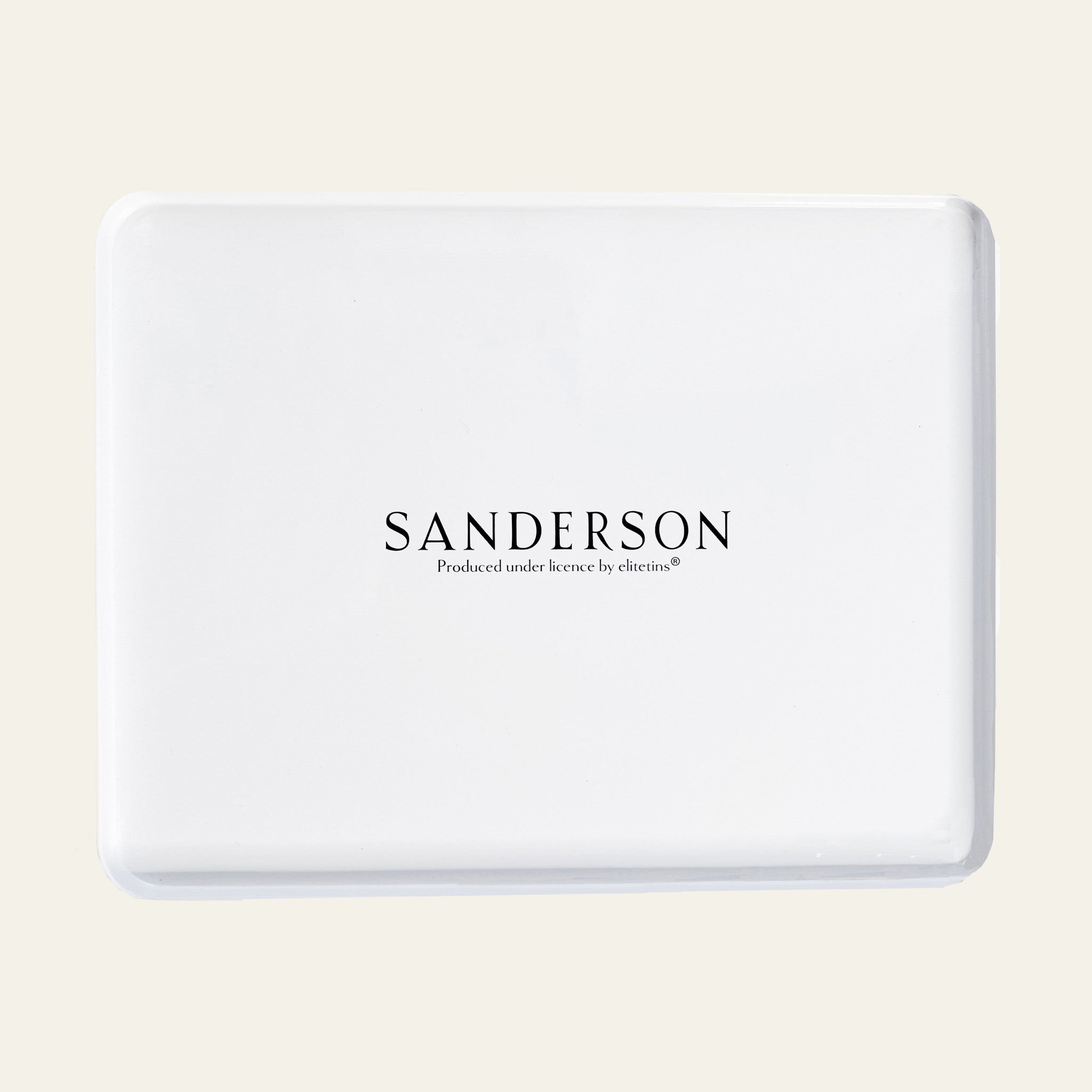 Sanderson decor tin with blue stripes and flower etchings.