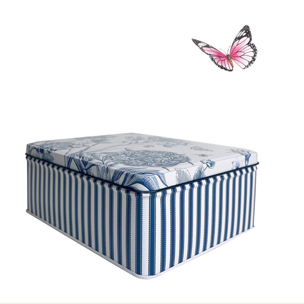 Rectangular tin with blue stripes and etching by Sanderson.