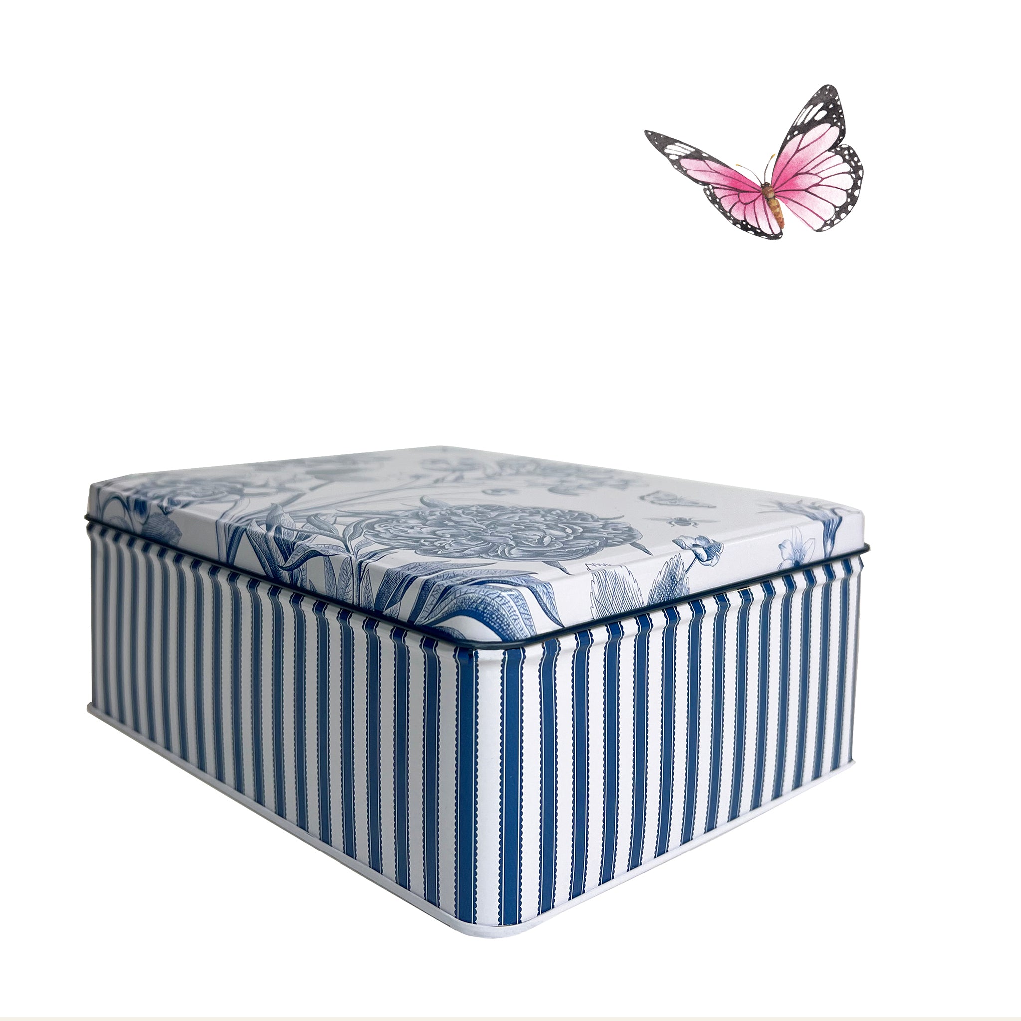 Rectangular tin with blue stripes and etching by Sanderson.