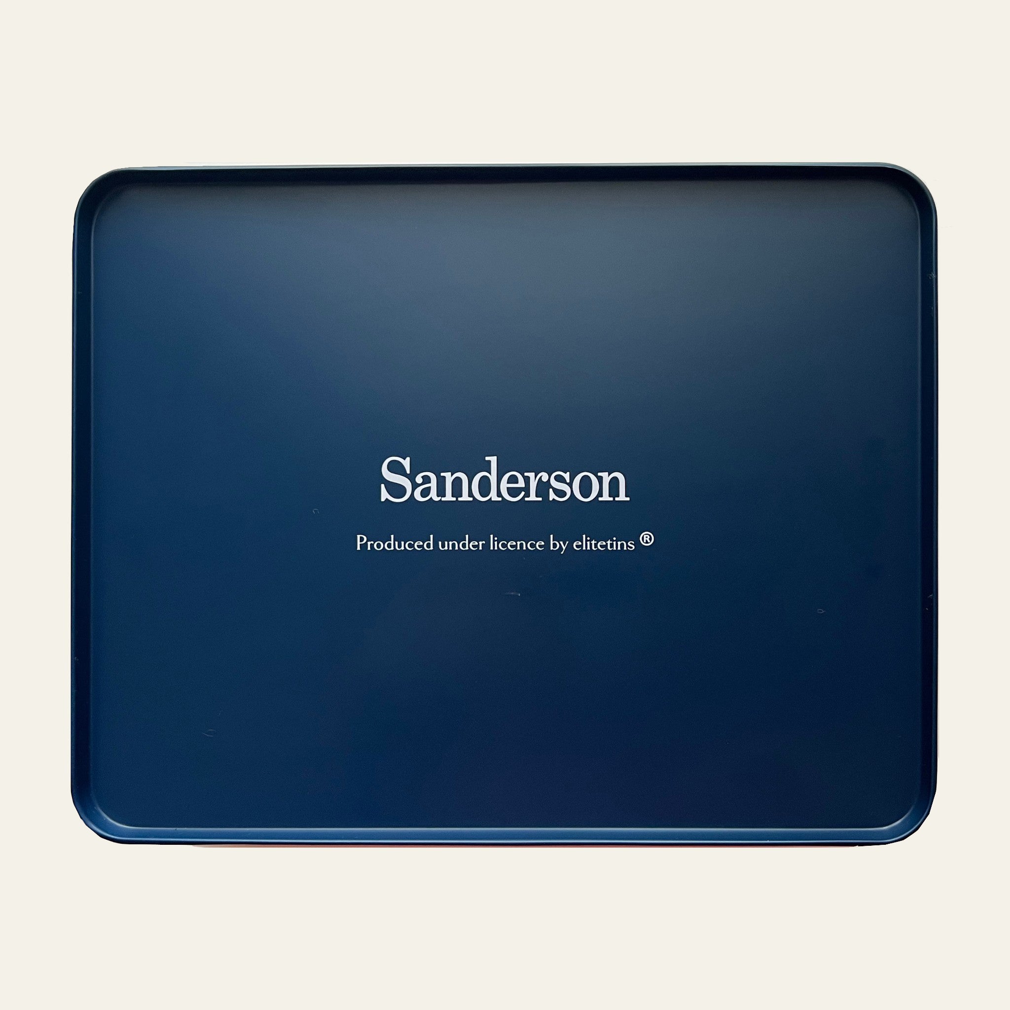 Sanderson tin with classic red stripes and colourful florals.