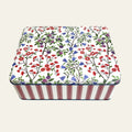 Sanderson tin with classic red stripes and colourful florals.