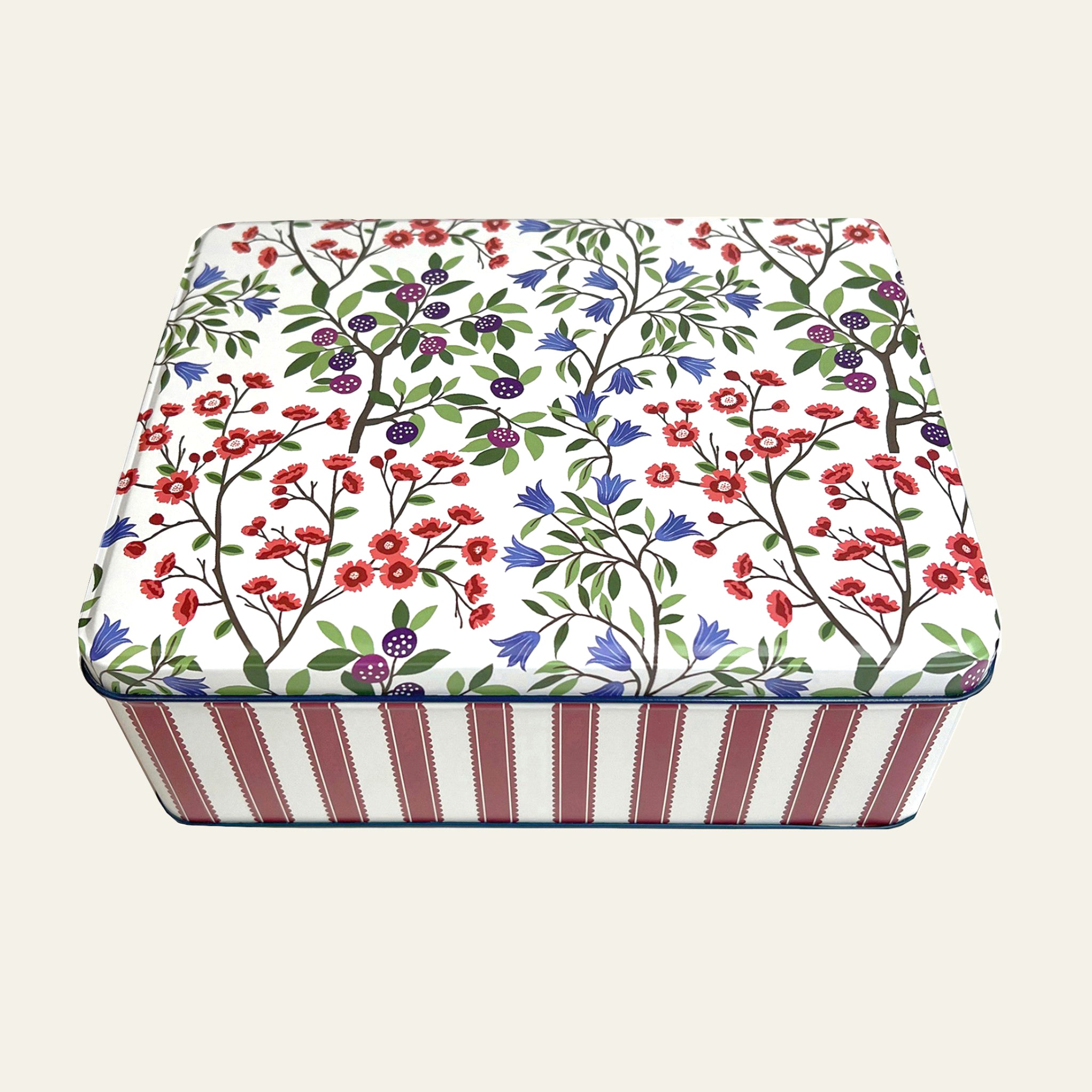 Sanderson tin with classic red stripes and colourful florals.