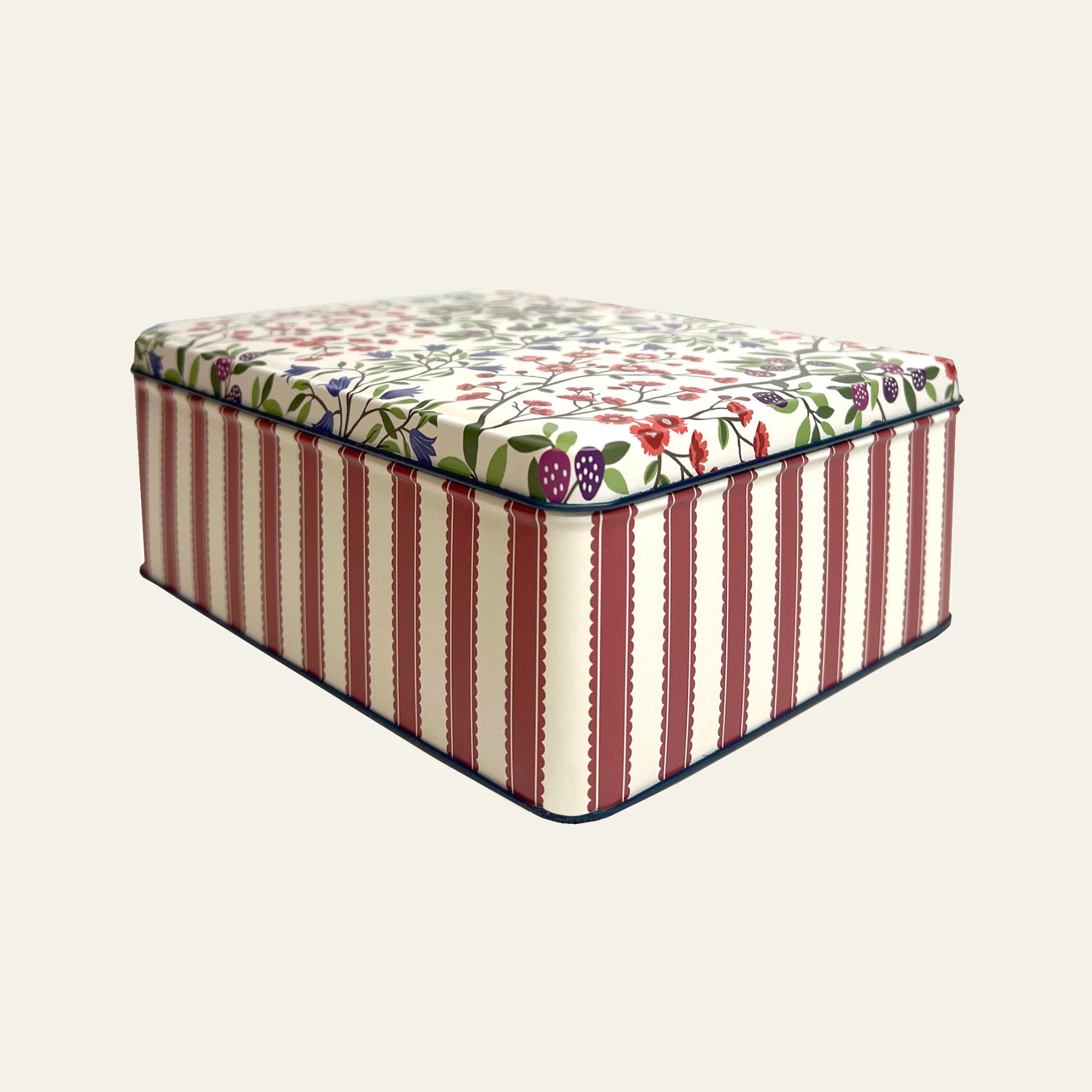 Sanderson tin with classic red stripes and colourful florals.
