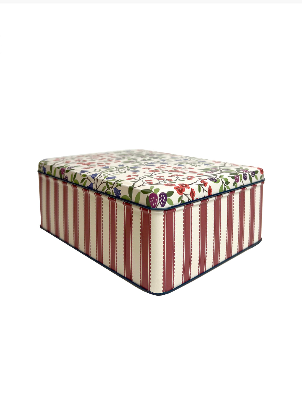 Red stripes and florals in rectangular tin by Sanderson.