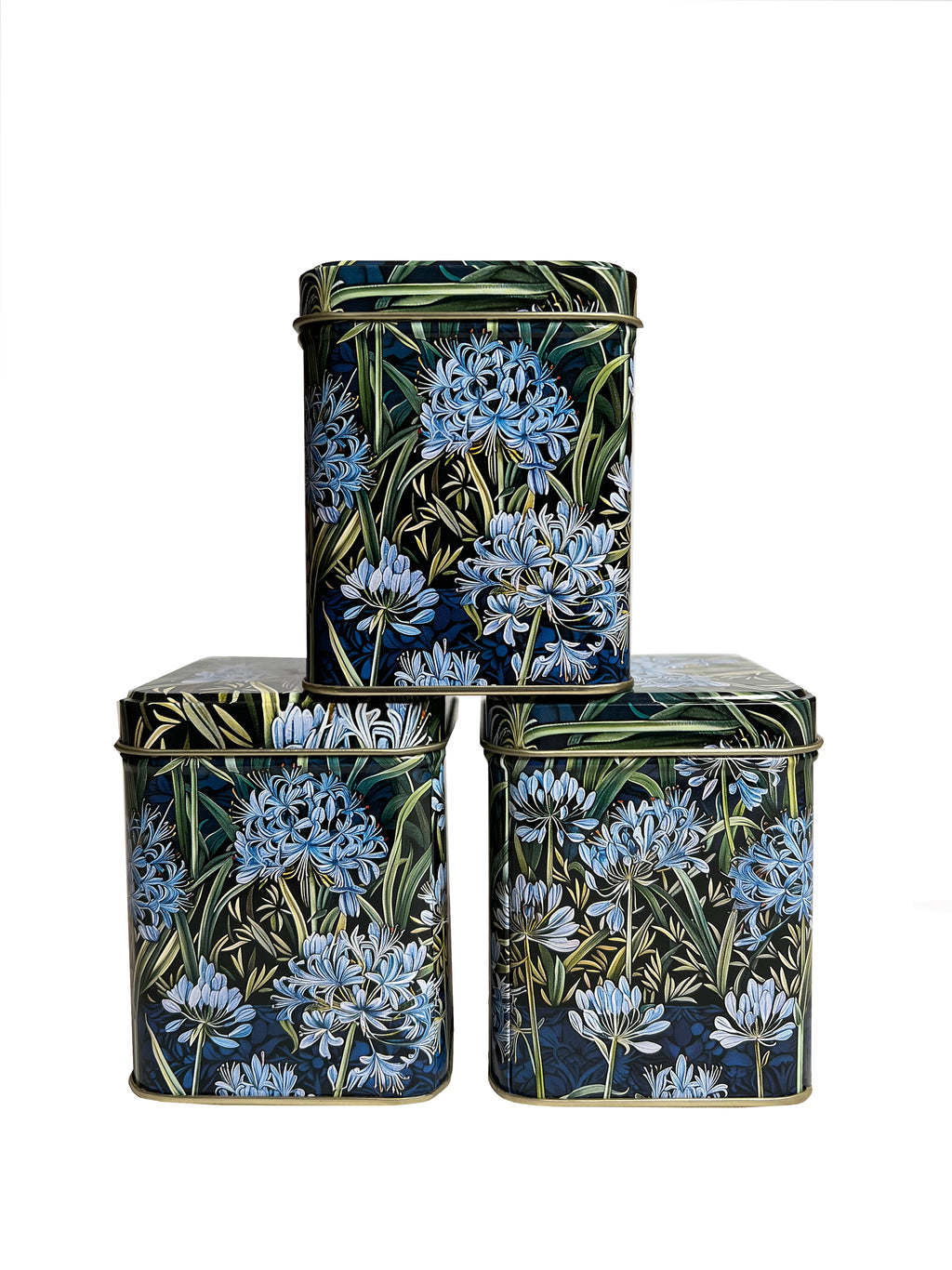 Small square tin with blue agapanthus flowers on all sides by Arts & Crafts.
