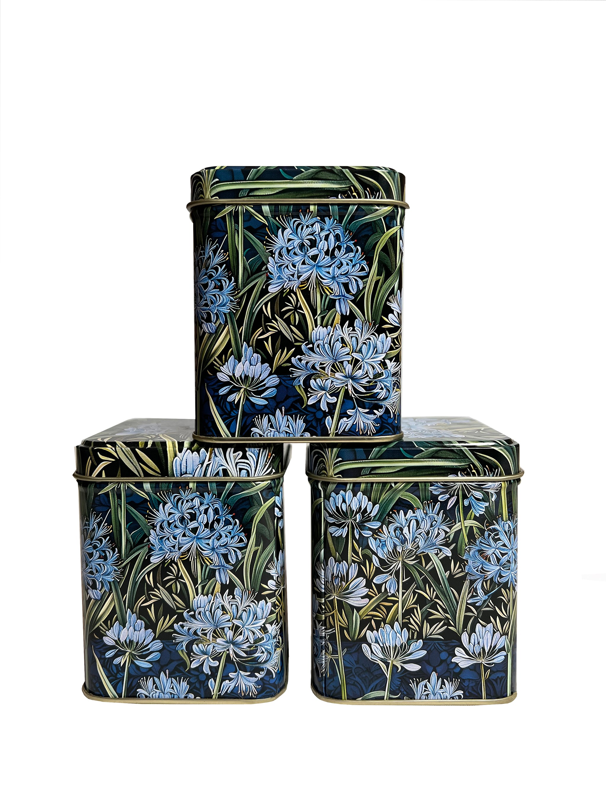 Small square tin with blue agapanthus flowers on all sides by Arts & Crafts.