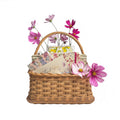 Basket of stationery from Textshop's shelves along with flowers from our garden.