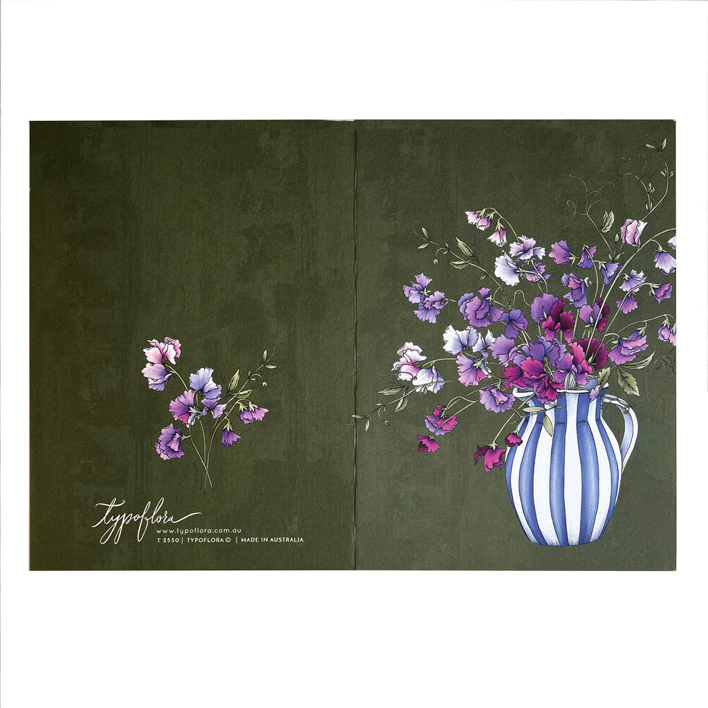Cottage garden sweet peas in a vase by Typoflora.