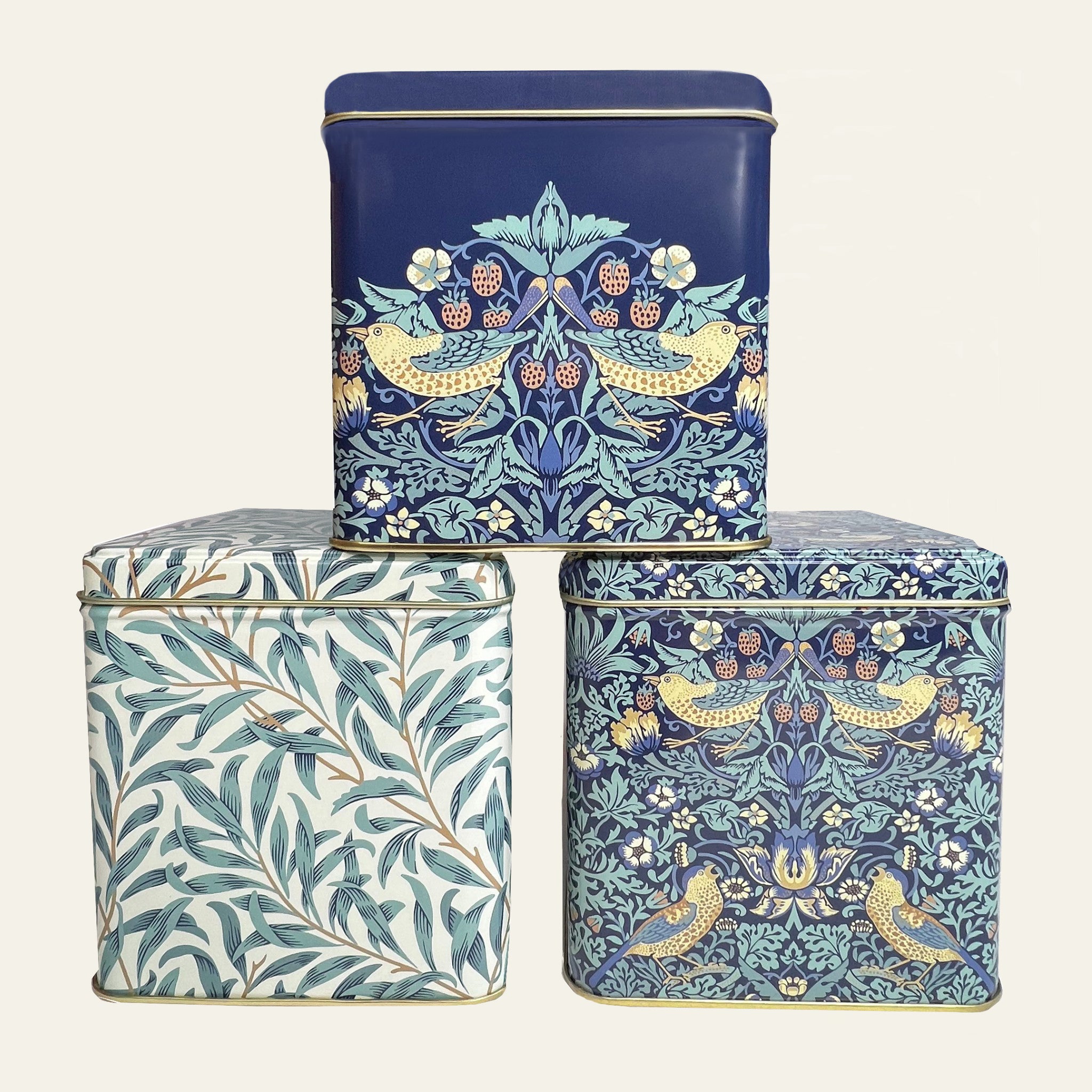 William Morris canister pack of three metal tins with hinged lids.