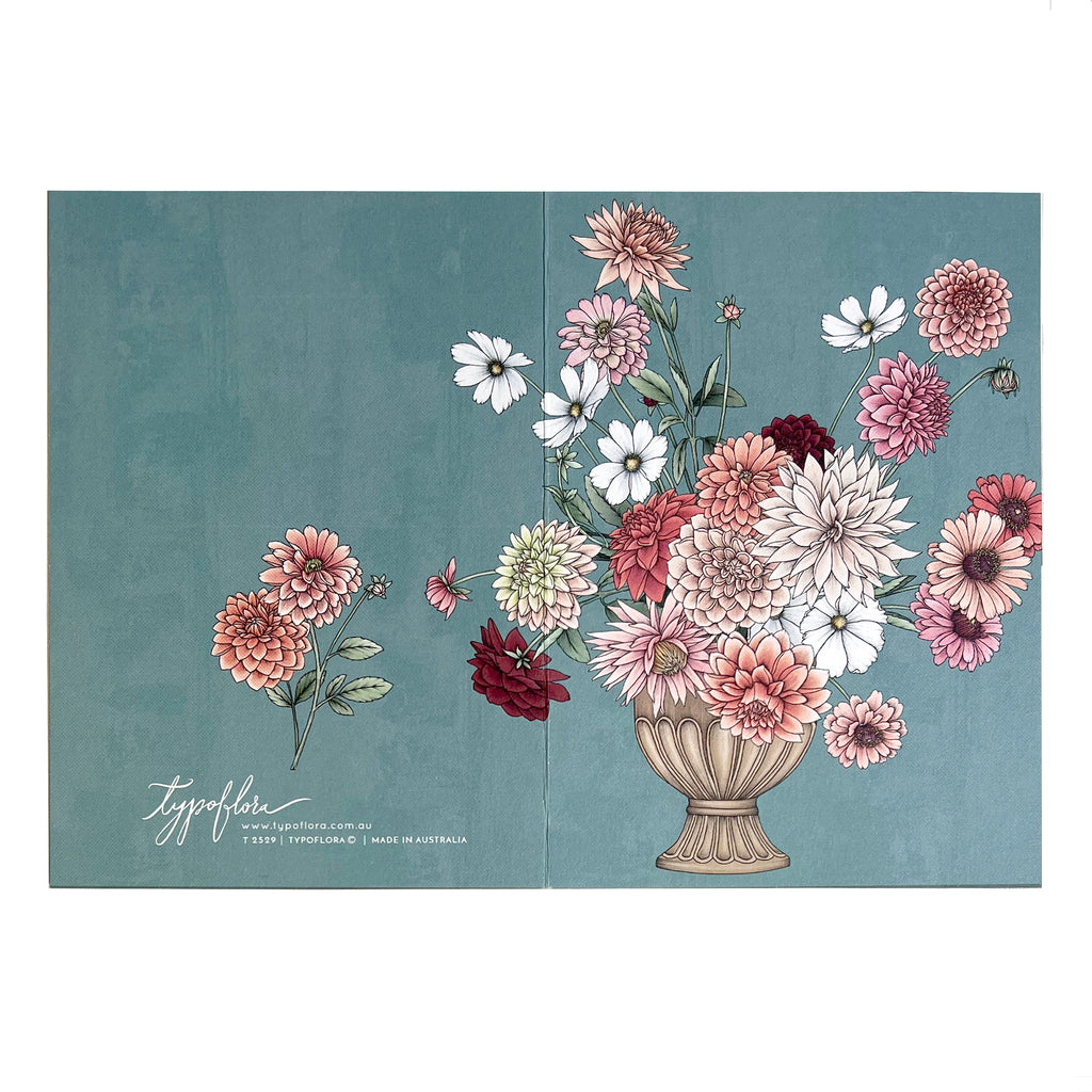 Dahlias in a vase on note card by Typoflora.