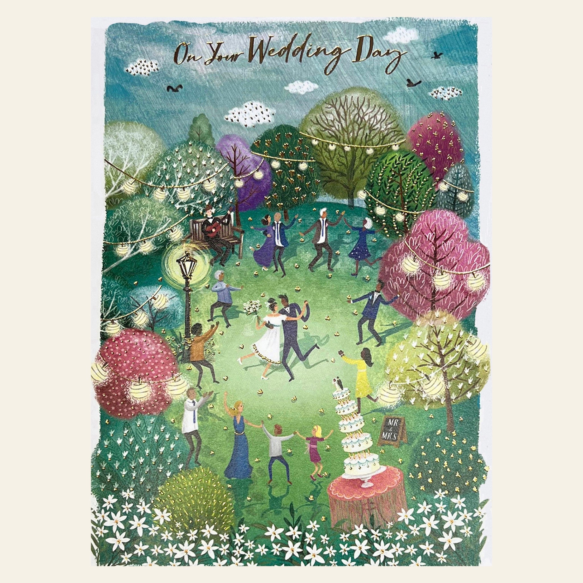 Beautifully designed wedding card with gold foil highlights by the Almanac Gallery.