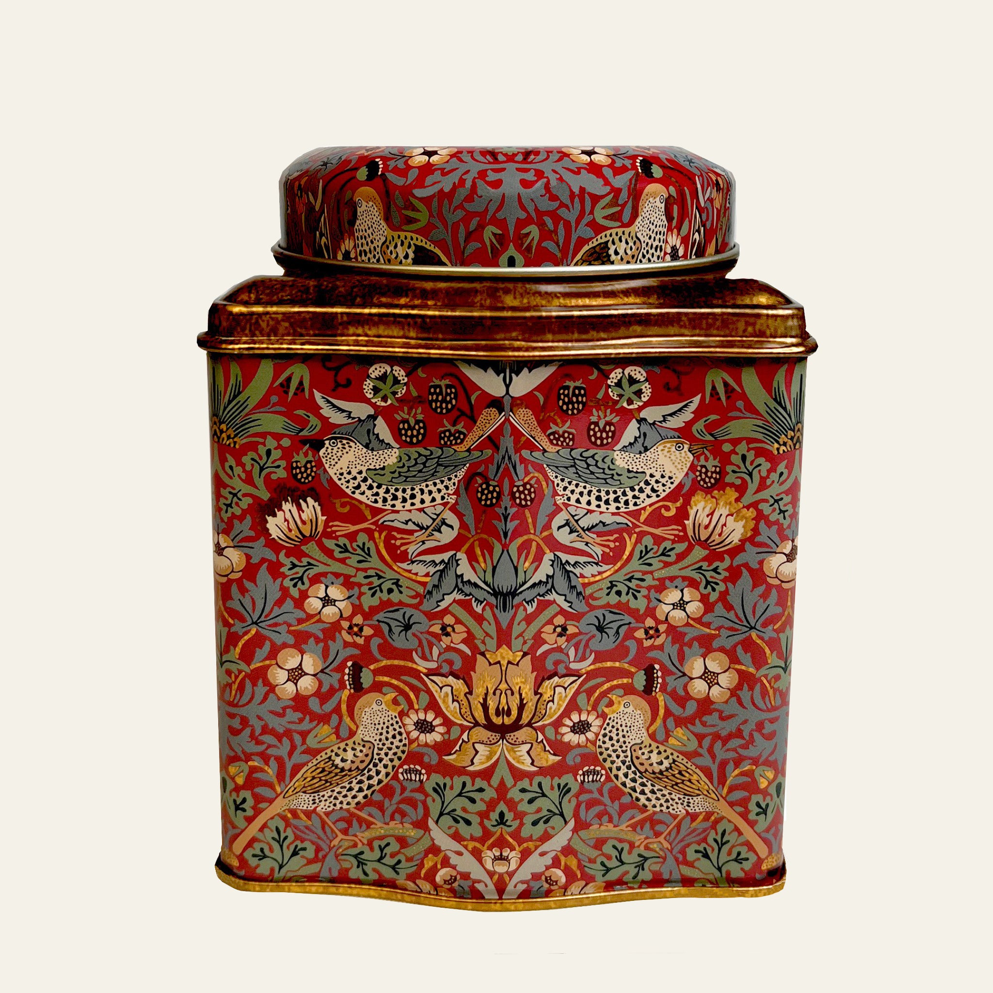 William Morris' famous Strawberry Thief design on a superbly created tea caddy.