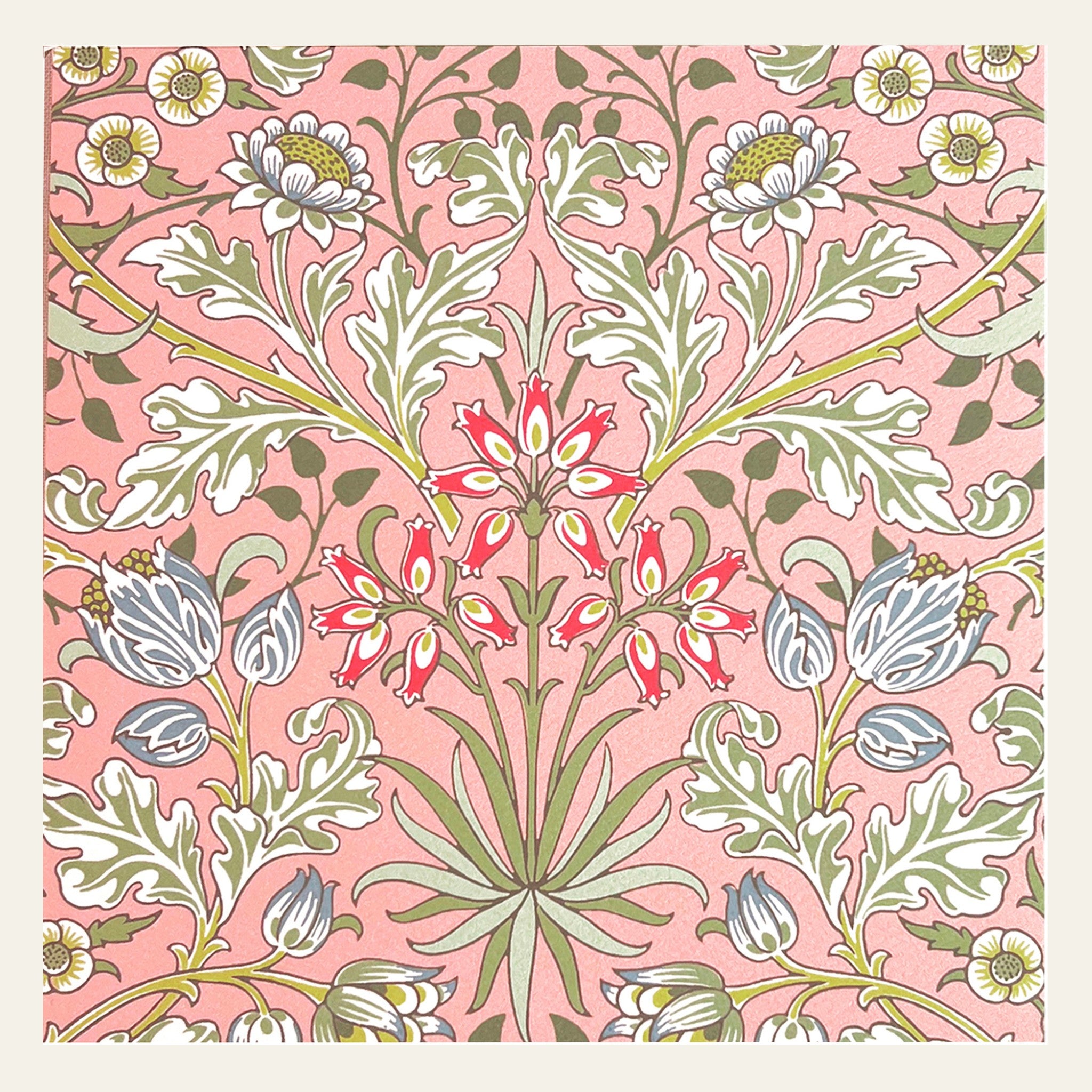 A square card with William Morris' Hyacinth design (1900–12), held in London's Victorian and Albert Museum.